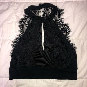 Lulu’s Black halter styled top w/ open lace back